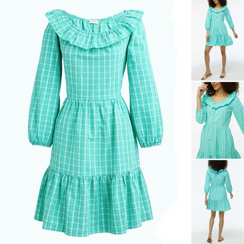 J. CREW Ruffleneck Mini Dress Side Pockets Long Sleeve Elastic Cuff Ruffle Hem